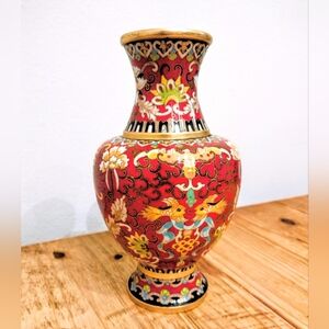 Vintage Chinese Cloisonné Vase Red Enamel with Koi & Floral Motifs